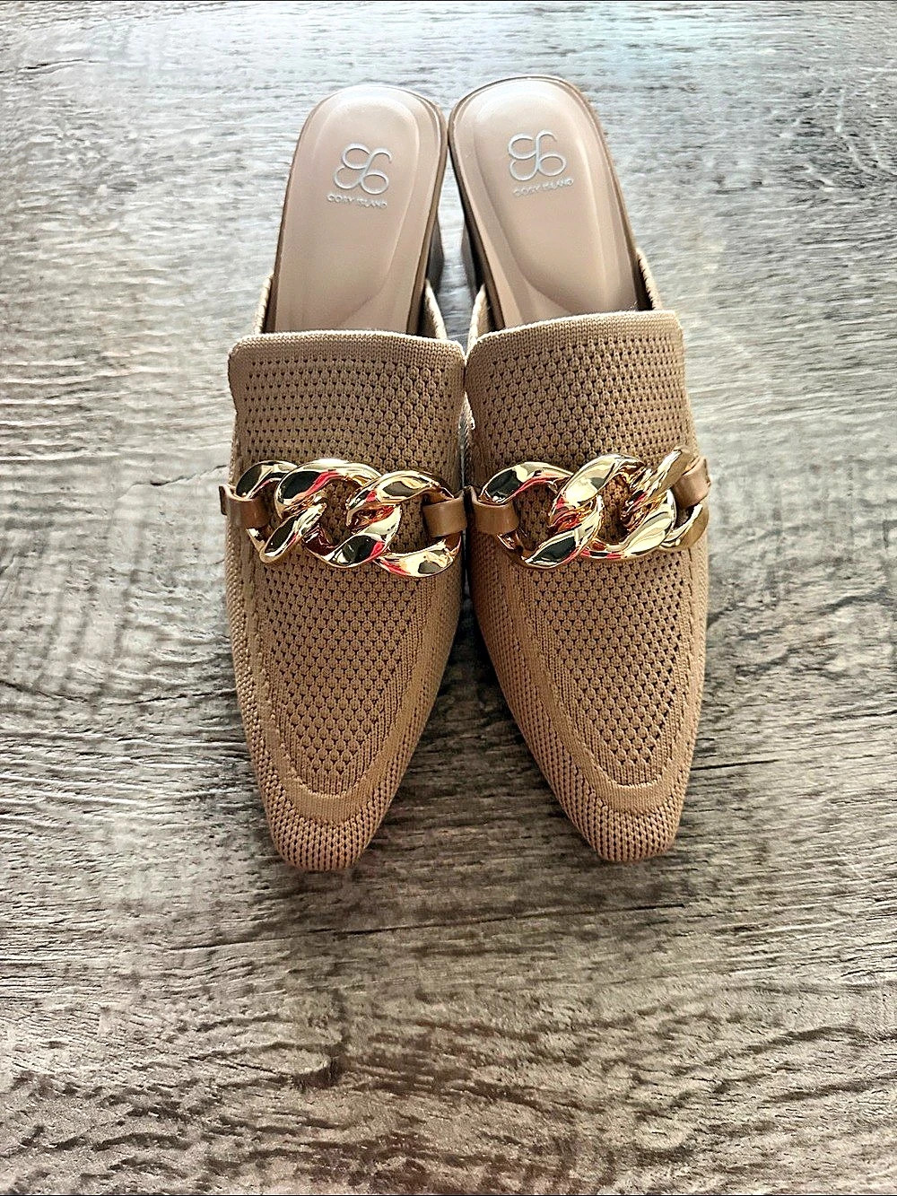 Chain Knit Pointed-Toe Mules in Brown Like New